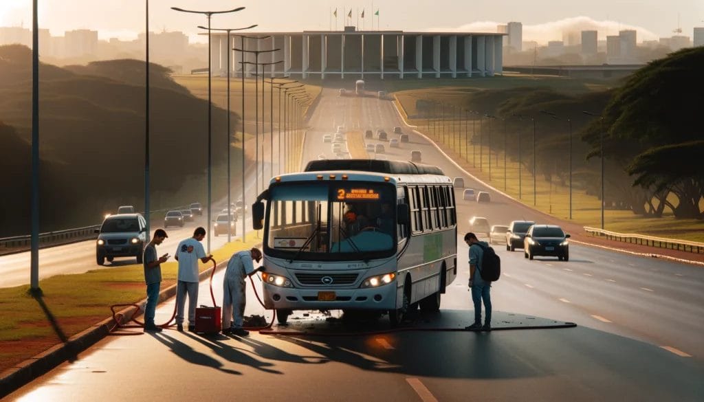 Ônibus Quebra Três Vezes Durante Viagem e Passageira Deve Ser Indenizada 1 DALL·E 2024 05 25 16.08.37 A bus is broken down on the road in Brasilia DF at 7 AM. The bus is full of passengers who are on their way to work. The scene shows the bus stopped o
