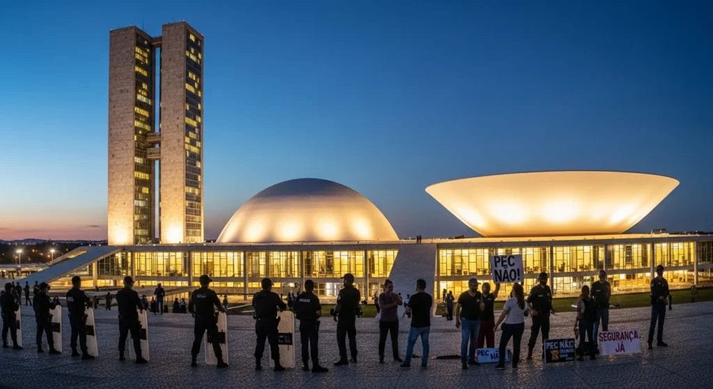 PEC da Segurança em votação no Congresso: como propostas de endurecer penas e ampliar poderes das polícias podem transformar a segurança pública 1 Cena do Congresso Nacional em Brasília com policiais e manifestantes em frente à sessão sobre a PEC da Segurança