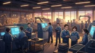 Fábrica moderna com trabalhadores diversos e atmosfera de esperança, representando paz kantiana crise marxista