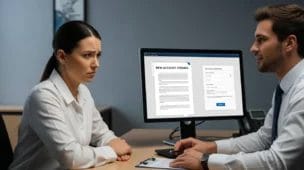 Imagem de escritório de banco com cliente preocupada e atendente ao lado de computador exibindo documentos