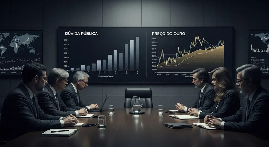 Sala de reuniões com políticos e economistas discutindo estratégia secreta EUA como ouro e Bitcoin para reduzir dívida