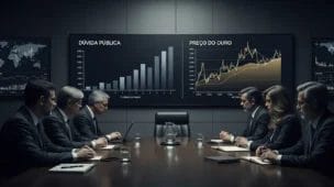 Sala de reuniões com políticos e economistas discutindo estratégia secreta EUA como ouro e Bitcoin para reduzir dívida