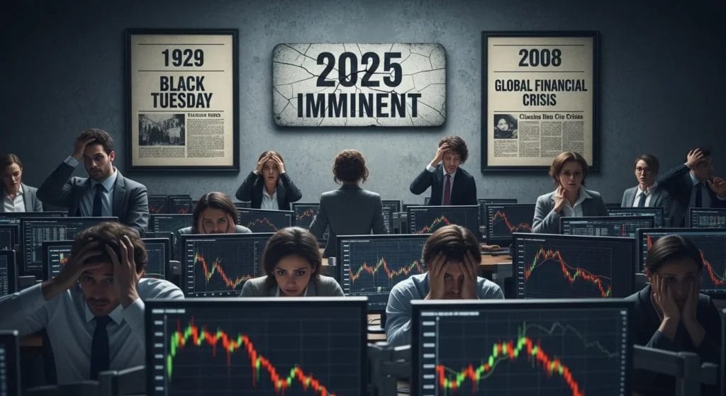 Cena de mercado financeiro em crise com investidores preocupados, telas com gráficos descendentes e quadros de jornais de 1929, 2008 e sinais de 2025, destacando o padrão secreto 8216 smart