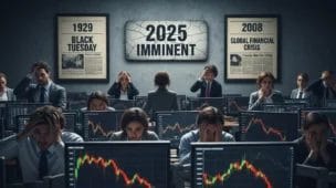 Cena de mercado financeiro em crise com investidores preocupados, telas com gráficos descendentes e quadros de jornais de 1929, 2008 e sinais de 2025, destacando o padrão secreto 8216 smart