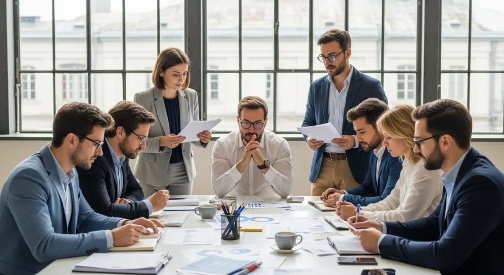 IRRF em Publicidade: Agência ou Órgão Público? A Receita Federal Define Quem Paga o Imposto em 2025 1 Cena de agência de publicidade com profissionais discutindo, destaque para o IRRF publicidade agência ou