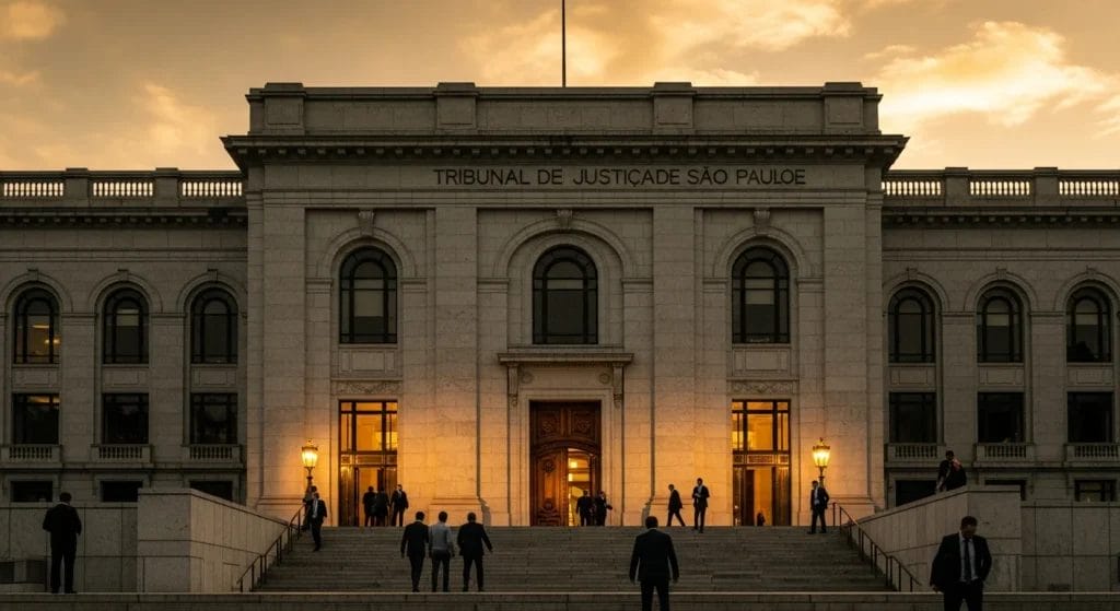 TJ-SP Anula Indicação de Árbitros em Disputa Bilionária da Vale, Protegendo o Contraditório na Arbitragem 1 Fachada imponente do TJ-SP ao entardecer, com pessoas entrando e saindo na cena, refletindo a palavra-chave 'tj sp anula indicação'.