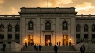 Fachada imponente do TJ-SP ao entardecer, com pessoas entrando e saindo na cena, refletindo a palavra-chave 'tj sp anula indicação'.
