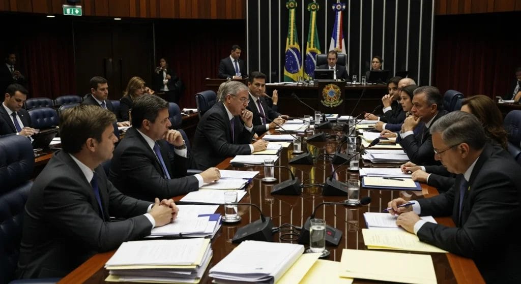 Imagem horizontal de sessão do Senado durante a sabatina de Jorge Messias, com ambiente formal e elementos de discussão.