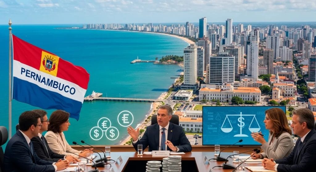 Panorama de Recife com discussão política, bandeira de Pernambuco e símbolos fiscais, destacando Pernambuco defende IBS CBS