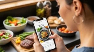 Pessoa com smartphone verificando uma foto de comida em app de delivery, alertando consumidor fotos IA