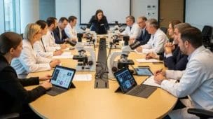 Profissionais em conferência discutindo homeopatia sob microscópio CFM com elementos científicos