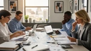 Cena de reunião empresarial sobre reforma tributária split payment, documentos fiscais e profissionais preocupados