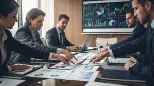 Imagem de reunião corporativa com especialistas analisando balanços estratégicos e gráficos financeiros, evidenciando estratégia PL 1087 2025