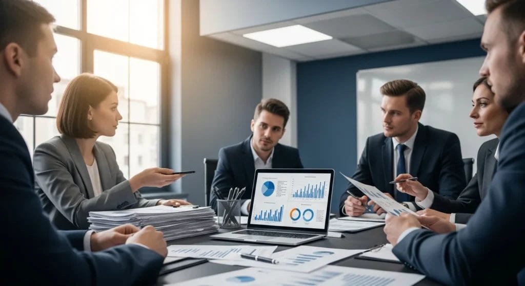 Reunião de sócios em escritório com gráficos financeiros, discutindo distribuição de lucros desproporcionalmente guia