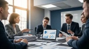 Reunião de sócios em escritório com gráficos financeiros, discutindo distribuição de lucros desproporcionalmente guia