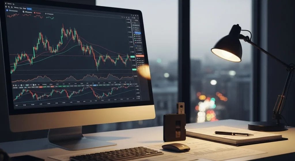 Imagem horizontal de uma mesa de trabalho com computador, carteira de Bitcoin e documentos financeiros, destacando o tema do governo Lula sancionando lei de criptomoedas.