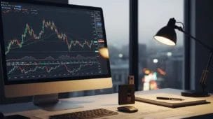 Imagem horizontal de uma mesa de trabalho com computador, carteira de Bitcoin e documentos financeiros, destacando o tema do governo Lula sancionando lei de criptomoedas.