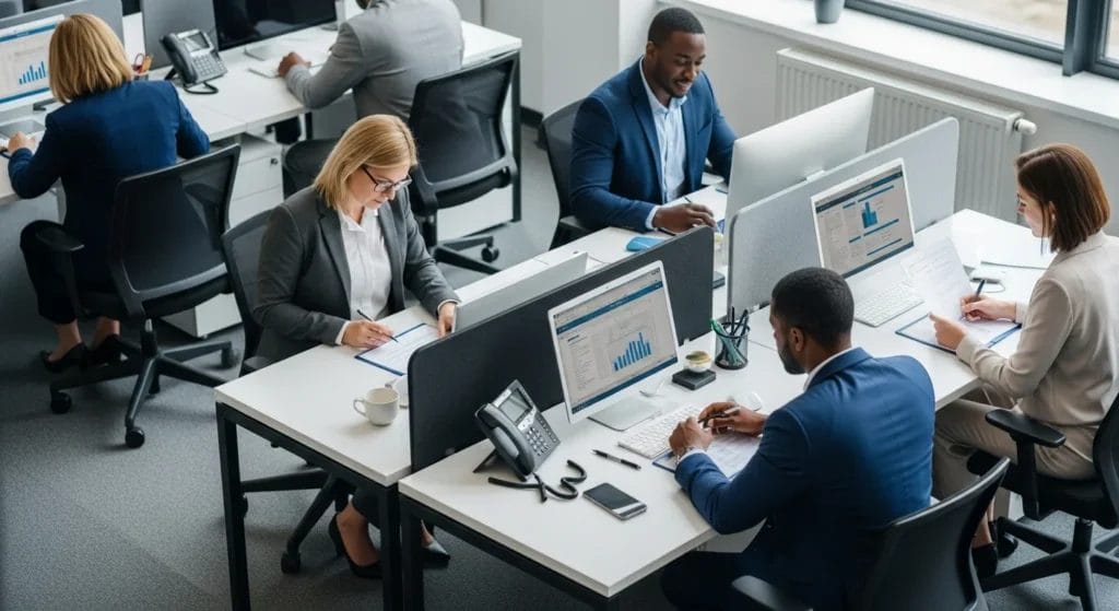 Imagem de escritório moderno com profissionais analisando contratos de software licenciado paga imposto, gráficos e computadores.