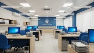 Sala moderna com empresários e contadores utilizando computadores, exibindo símbolo do CNPJ e gráficos, representando reforma tributária governo lança