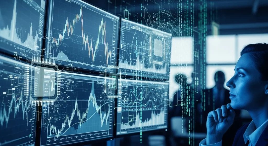 Bolha da IA: Bilhões em Jogo e o Risco de Colapso Financeiro Global 1 Imagem de uma sala de operações financeiras com monitores, chips e dados digitais, representando a bolha inteligência artificial que ameaça a economia.