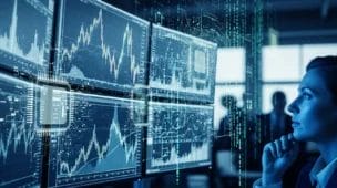 Imagem de uma sala de operações financeiras com monitores, chips e dados digitais, representando a bolha inteligência artificial que ameaça a economia.