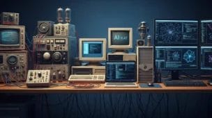 Imagem de mesa com computadores antigos e modernos simbolizando 70 anos de IA com luz tecnológica