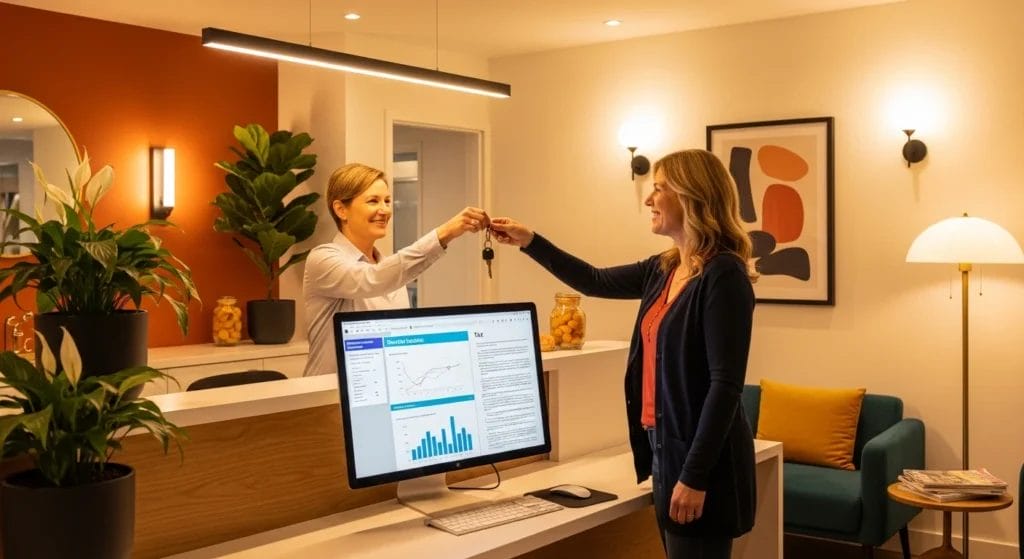 Cena de recepção de imóvel Airbnb com anfitrião entregando chaves, computador com gráficos e documentos fiscais, destacando Airbnb CPF ou CNPJ