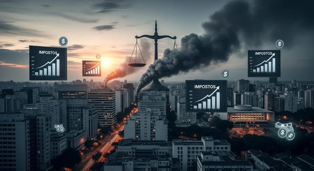 Cena de cidade brasileira ao entardecer com balança de justiça e gráficos de impostos, ilustrando a reforma tributária enforca locador