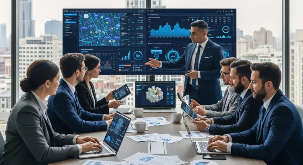 NFABI: O Novo Documento Fiscal Imobiliário no Brasil que Você Precisa Conhecer Urgente! 1 Profissionais do setor imobiliário discutindo NFABI, o novo documento fiscal, com laptops e tablets em ambiente moderno.