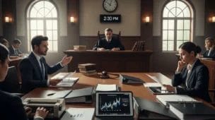 Cena de tribunal com juízes e advogados, destacando decisão judicial importante sobre FECP e PIS/Cofins