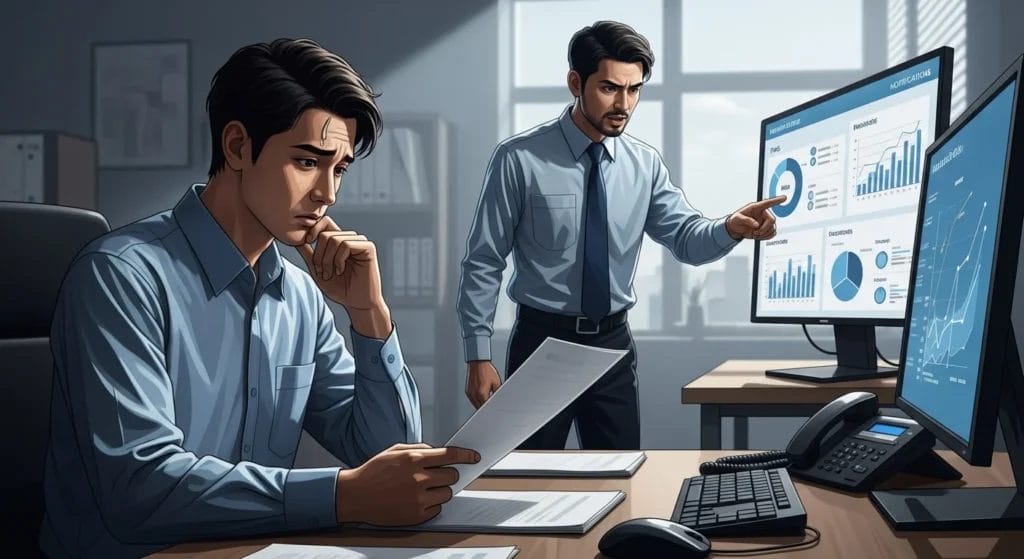 Crédito Consignado Ignorado: Empresas Multadas Pesado por Não Repassar Descontos aos Trabalhadores 1 Cena de trabalhador preocupado em escritório, supervisor aponta para gráficos de multas relacionadas a crédito trabalhador risco empresas