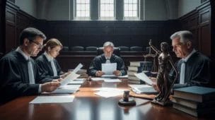 Imagem de uma sala de tribunal fiscal com juízes analisando documentos, refletindo a seriedade das novas regras do CARF