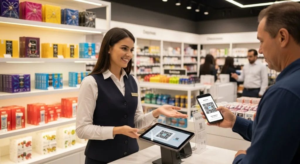 Imagem de uma loja com cliente usando QR code, destacando fim sat sp nfc na modernização do varejo