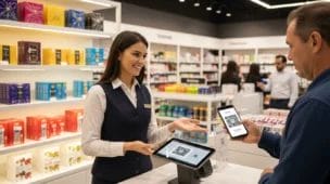 Imagem de uma loja com cliente usando QR code, destacando fim sat sp nfc na modernização do varejo