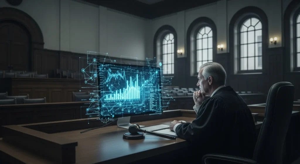 Sala de tribunal vazia com juiz diante de tela mostrando gráficos e código, simbolizando advogados pressionam cnj deve e uso de IA na justiça
