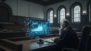 Sala de tribunal vazia com juiz diante de tela mostrando gráficos e código, simbolizando advogados pressionam cnj deve e uso de IA na justiça