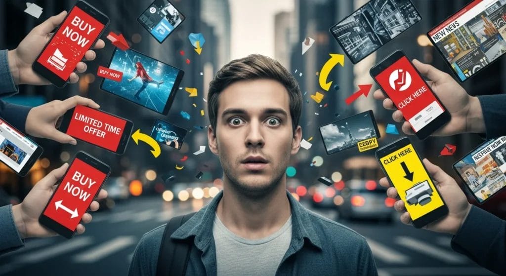 Desvende os 10 Truques Psicológicos Mais Usados Contra Você: Aprenda a Identificar e Defender-se de Manipulações Diárias! 1 Imagem mostrando indivíduo surpreso cercado por distrações relacionadas à manipulação psicológica