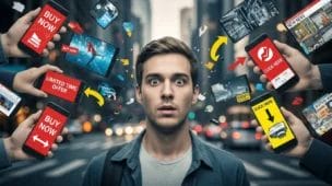 Imagem mostrando indivíduo surpreso cercado por distrações relacionadas à manipulação psicológica