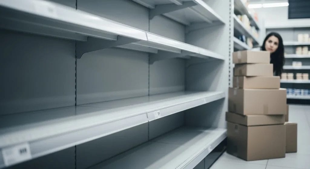 Prateleira vazia em supermercado com expressão preocupada de cliente ao fundo, refletindo o enigma prateleiras vazias que impacta o setor.