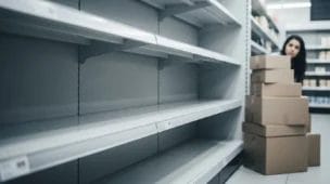 Prateleira vazia em supermercado com expressão preocupada de cliente ao fundo, refletindo o enigma prateleiras vazias que impacta o setor.