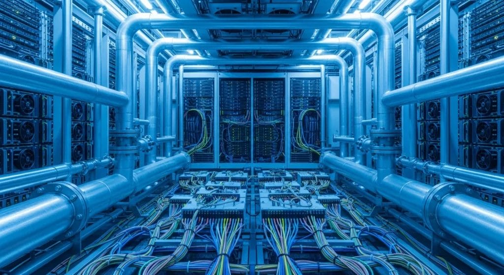 Sala de data center com servidores, tubos de refrigeração e gotas de água condensando, representando a IA 8220 Gota 8221.