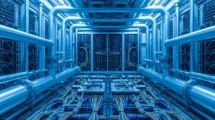 Sala de data center com servidores, tubos de refrigeração e gotas de água condensando, representando a IA 8220 Gota 8221.