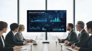 Imagem de reunião formal com empresários e gráficos sobre o IBS 300 empresas serão em ambiente moderno