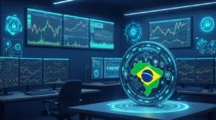 Imagem de uma sala de negociações com telas digitais exibindo gráficos de stablecoins Brasil desvendando conceito, com moeda digital brasileira e ambiente tecnológico.
