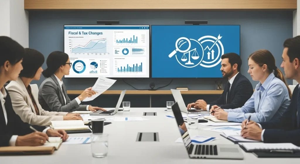 Reforma tributária locação bens: profissionais em reunião analisando dados fiscais