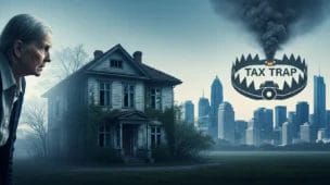 Pessoa idosa observando casa antiga com expressão preocupada, cenário de cidade moderna e fumaça simbolizando rascunho automático e armadilha fiscal