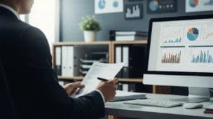 Cena de sala de escritório com pessoa de costas usando traje formal, segurando documento e caneta, ao lado de computador com gráficos, relacionada ao contador obrigatório 2025.