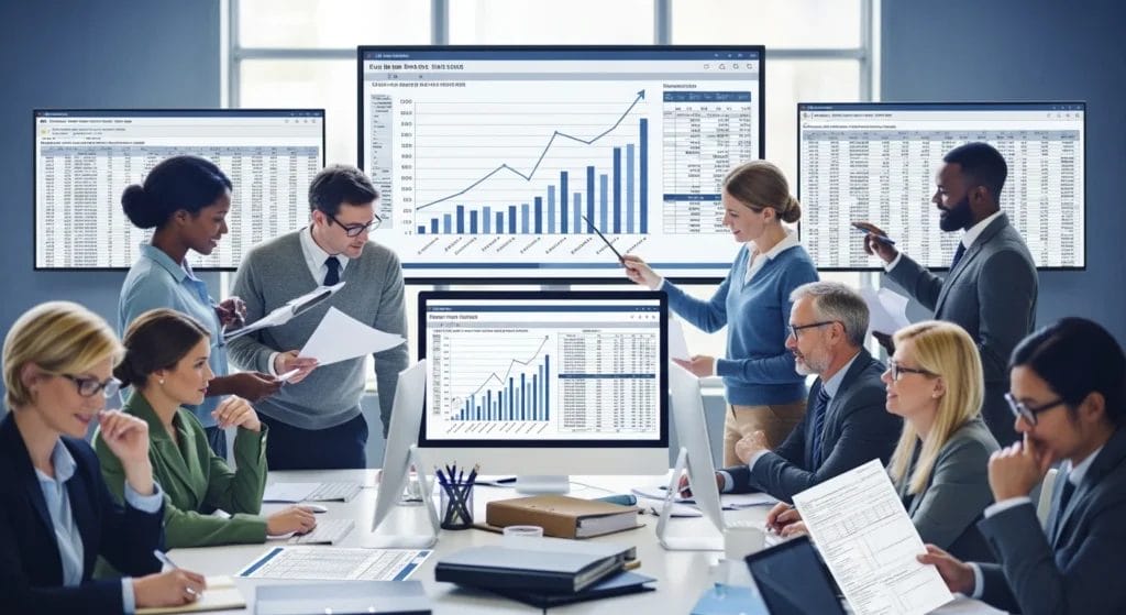 Fisco adia validação de campos IBS/CBS em notas fiscais até 2026! Entenda o impacto para sua empresa e como se preparar. 1 Reunião de profissionais analisando documentos fiscais com telas exibindo dados fiscais e gráficos em tons de azul