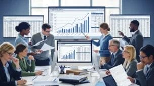 Reunião de profissionais analisando documentos fiscais com telas exibindo dados fiscais e gráficos em tons de azul