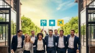 Equipe de funcionários saindo de fábrica, sorrindo, com sinais de férias antes período, árvores verdes ao fundo